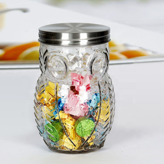 clear glass owl shaped jar with metal lid