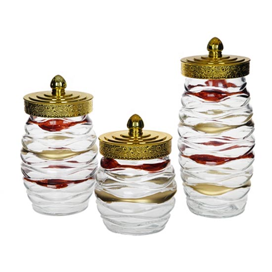3pcs hand painted glass storage jar with golden lid