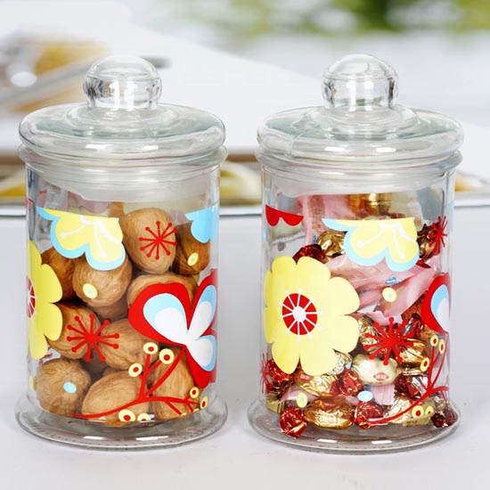 decal design straight side glass jar with glass lid
