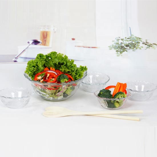 pink color and rose shape glass salad bowl set