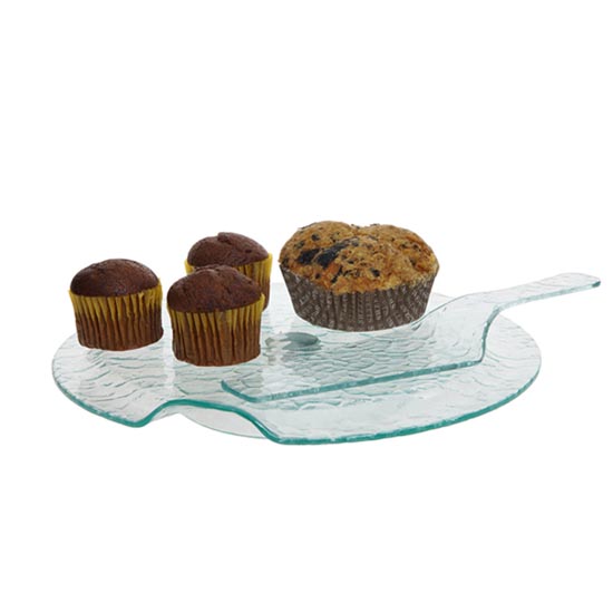 glass cake plate with glass stand and knife for cake store