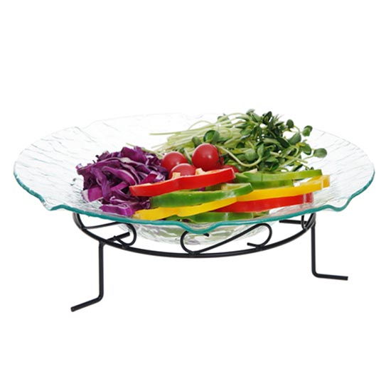 big unique glass bowl set with metal rack