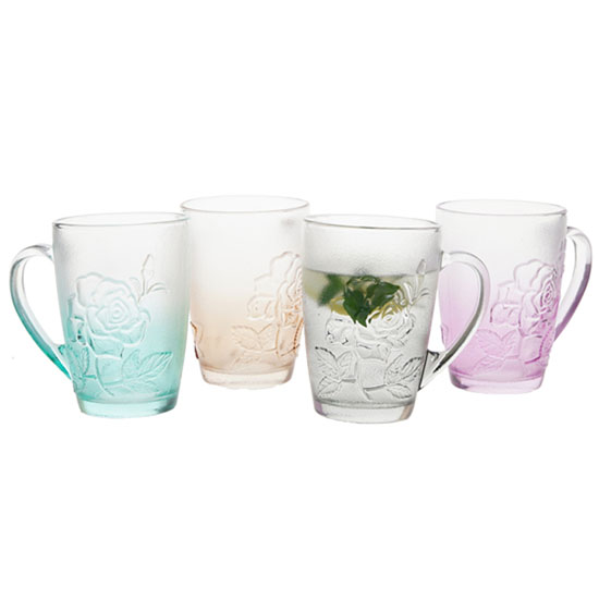 wholesale handle glass tea cups with flower embossed