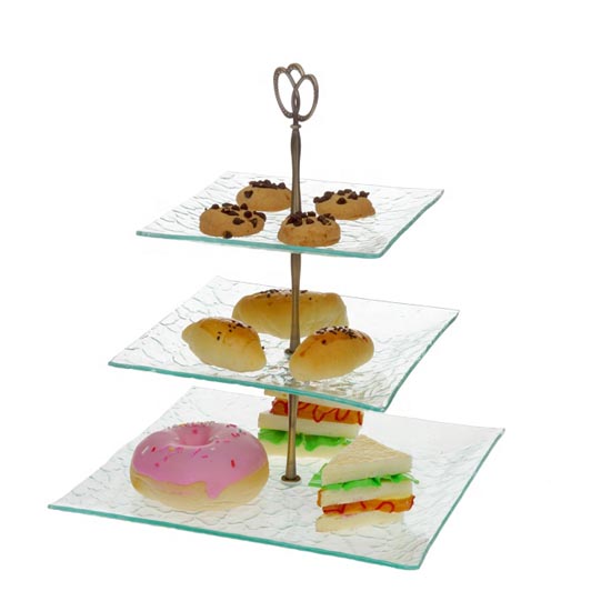 Morden glass cake serving glass tray set with rack