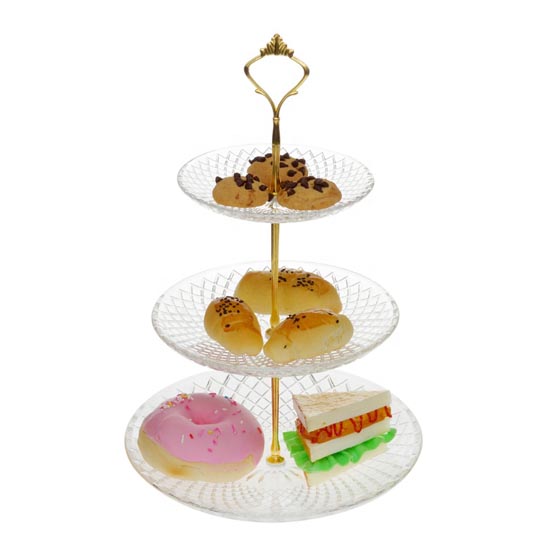 3 layers clear glass cake plate set with golden metal rack